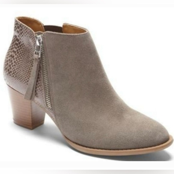 VIONIC NWT "Anne" Suede & Faux Reptile Print Leather Side Zip Taupe Ankle Boot 6 - Picture 1 of 16